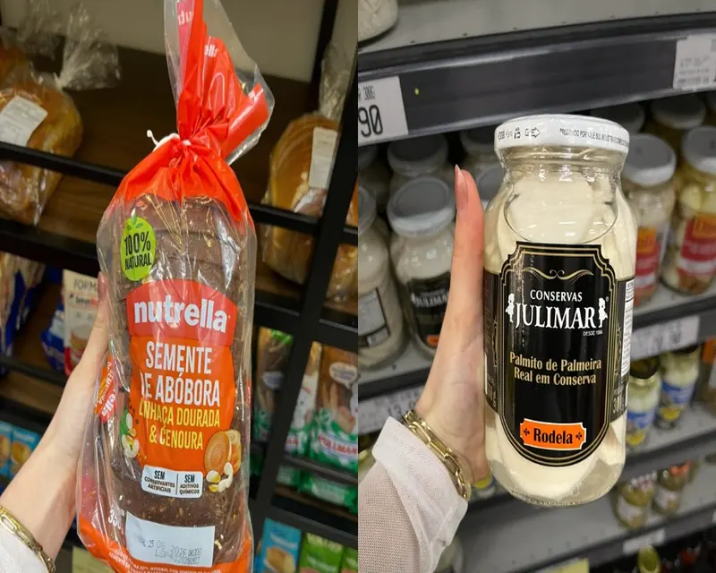 A mão da Luciana mostrando pão integral e palmito no mercado